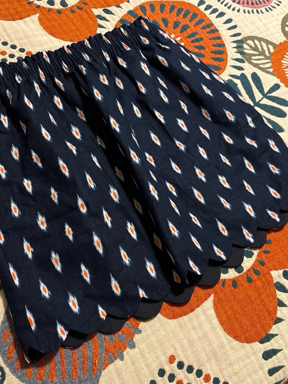 J Crew Navy Scalloped Hem Printed Skirt - with Orange Accents